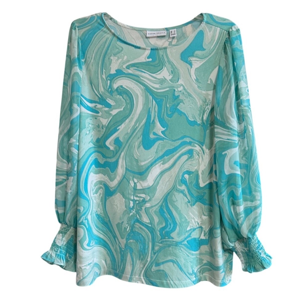 Susan Graver Liquid Knit Top Women L Teal Marble Blouson Sleeve Smocked Cuffs